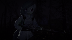 Size: 1920x1080 | Tagged: safe, artist:facelesssoles, marble pie, anthro, earth pony, 3d, dark, female, gun, optical sight, rifle, sniper rifle, solo, tree, weapon