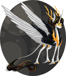 Size: 2097x2400 | Tagged: safe, artist:australian-senior, oc, oc only, oc:niomedes invictus, alicorn, dracony, hybrid, kirin, pony, alternate universe, antlers, colored hooves, colored sclera, glados, goddess, golden eyes, hair bun, kirindos, leonine tail, portal, portal (valve), portal 2, scales, solo, unshorn fetlocks