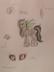 Size: 1392x1854 | Tagged: safe, oc, oc only, oc:ebony, bat pony, unicorn, black coat, black mane, female, green stripes, mare, red eyes, reference sheet, traditional art, witch