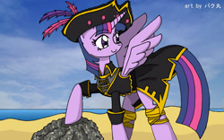 Size: 2672x1672 | Tagged: safe, artist:bakumaru01, twilight sparkle, twilight sparkle (alicorn), alicorn, pony, my little pony: the movie, beach, captain twilight, female, looking back, mare, pirate, pirate twilight, sky, smiling, solo, water