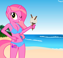 Size: 1730x1600 | Tagged: safe, artist:kiwipone, oc, oc only, oc:candy heart, anthro, unicorn, beach, bikini, clothes, female, food, ice cream, mare, one eye closed, show accurate anthro, solo, swimsuit, wink