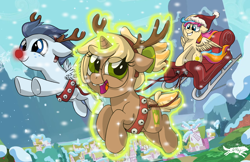 Size: 5100x3300 | Tagged: safe, artist:lostinthetrees, oc, oc only, oc:copper chip, oc:golden gates, oc:silver span, pony, absurd resolution, antlers, christmas, flying, hat, holiday, levitation, magic, ponyville, reindeer antlers, rudolph the red nosed reindeer, santa hat, self-levitation, sleigh, snow, telekinesis