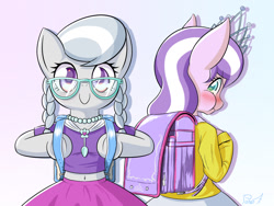 Size: 1600x1200 | Tagged: safe, artist:phoenixperegrine, diamond tiara, silver spoon, earth pony, pony, semi-anthro, backpack, belly button, bipedal, blue background, blushing, braid, braided pigtails, clothes, cute, diamondbetes, digital art, duo, equestria girls outfit, female, glasses, gradient background, jewelry, looking at you, looking back, looking forward, mare, midriff, necklace, pigtails, pink background, puffy cheeks, randoseru, rear view, short shirt, silverbetes, skirt, smiling, standing, sweater, tiara