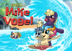 Size: 2045x1444 | Tagged: safe, artist:lostinthetrees, oc, oc only, oc:copper chip, oc:golden gates, oc:silver span, pony, beach, goggles, mike vogel, ocean, palm tree, parody, ponysona, surfboard, swimming goggles, tree, wave