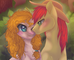 Size: 2485x1998 | Tagged: safe, artist:nekotoko, bright mac, pear butter, earth pony, pony, the perfect pear, blushing, brightbutter, cowboy hat, duo, female, hat, husband and wife, male, mare, shipping, smiling, stallion, stetson, straight