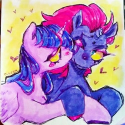 Size: 1080x1080 | Tagged: safe, artist:freshleaveskrnm, fizzlepop berrytwist, tempest shadow, twilight sparkle, twilight sparkle (alicorn), alicorn, my little pony: the movie, female, lesbian, shipping, tempestlight, traditional art