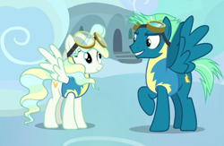 Size: 468x305 | Tagged: safe, screencap, sky stinger, vapor trail, pegasus, pony, secrets and pies, clothes, cropped, duo, female, male, mare, stallion, uniform, wonderbolt trainee uniform