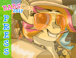 Size: 1275x975 | Tagged: safe, artist:lostinthetrees, oc, oc only, oc:golden gates, pony, babscon, fear and loathing in las vegas, grin, hunter s. thompson, mouth hold, parody, pen, press badge, smiling