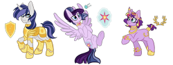 Size: 2100x799 | Tagged: safe, artist:hazel-and-rowan, oc, oc only, oc:chiffona lace, oc:evening glow, oc:evening star, pegasus, pony, unicorn, cutie mark background, female, magical lesbian spawn, male, mare, offspring, parent:rarity, parent:twilight sparkle, parents:rarilight, simple background, stallion, transparent background