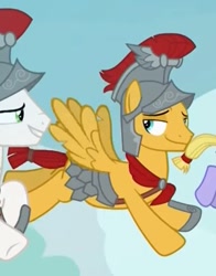 Size: 299x382 | Tagged: safe, screencap, albus, flash magnus, iron eagle, pegasus, pony, campfire tales, armor, cropped, flying, helmet, male, royal legion, smiling, stallion, wings