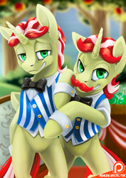 Size: 919x1300 | Tagged: safe, artist:arctic-fox, flam, flim, pony, bipedal, duo, facial hair, flim flam brothers, grin, looking at you, moustache, patreon, patreon logo, smiling, sweet apple acres, twins