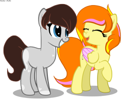 Size: 3673x2950 | Tagged: safe, artist:asika-aida, oc, oc only, oc:cookie cream, oc:lemon dream, earth pony, pegasus, pony, blue eyes, commission, duo, duo female, female, grin, laughing, multicolored hair, open mouth, raised hoof, simple background, smiling, transparent background