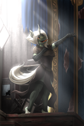 Size: 2256x3364 | Tagged: safe, artist:mykegreywolf, oc, oc only, oc:swan song, anthro, unguligrade anthro, abandoned, anthro oc, clothes, commission, crepuscular rays, singing, solo, theater, tongue out