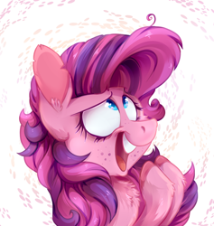 Size: 846x894 | Tagged: safe, artist:jumblehorse, artist:v747, oc, oc only, earth pony, pony, collaboration, chest fluff, female, freckles, looking up, multicolored hair, multicolored mane, pink coat, solo, wide eyes