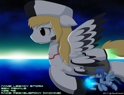 Size: 3000x2300 | Tagged: safe, artist:rockfannel, oc, oc only, oc:crosssky, oc:legacy storm, pegasus, pony, clothes, flying, machine, ocean, size difference