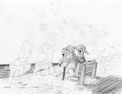 Size: 1155x894 | Tagged: safe, artist:t72b, derpibooru exclusive, pony, armor, background pony, beach, bench, female, filly, flashback, grandfather and grandchild, memories, monochrome, newbie artist training grounds, ocean, older, sitting, traditional art, war