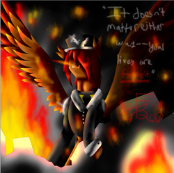 Size: 727x725 | Tagged: safe, artist:florarena-kitasatina/dragonborne fox, part of a set, pegasus, pony, clothes, colored wings, crossover, death threat, destruction, dialogue, embers, epic battle fantasy, fire, glowing eyes, glowing eyes of doom, hair over one eye, implied multiple ponies, lance (epic battle fantasy), looking at you, male, military uniform, nightmare fuel, ow the edge, ponified, raised hoof, red eyes take warning, rubble, sinister smile, smoke, solo, spread wings, staring into your soul, the fourth wall cannot save you, the last of these is not like the others, this will end in tears and/or death, torn ear, uniform, watermark, what a lovely pony to meet in the middle of the night, wings