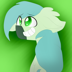 Size: 1024x1024 | Tagged: safe, artist:cottonponysfm, artist:tiz4905, oc, oc only, oc:flame brave, bust, fluffy, green, looking up, portrait, simple background, smiling, solo, worried