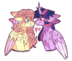 Size: 768x655 | Tagged: safe, artist:wanderingpegasus, fluttershy, twilight sparkle, twilight sparkle (alicorn), alicorn, pegasus, pony, boop, duo, duo female, female, floppy ears, heart, horn, lesbian, mare, nuzzling, shipping, twishy, wings