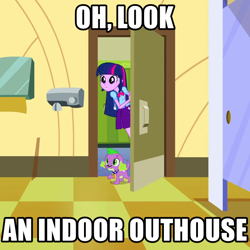 Size: 720x720 | Tagged: safe, edit, edited screencap, screencap, spike, twilight sparkle, dog, equestria girls, beetlejuice, caption, cropped, image macro, meme, movie quote, restroom, spike the dog