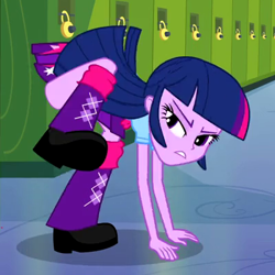 Size: 400x400 | Tagged: safe, screencap, twilight sparkle, equestria girls, clothes, cropped, humans doing horse things, leg warmers, lockers, raised leg, shoes, sideass, skirt, skirt lift, solo