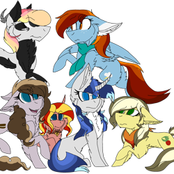 Size: 2560x2560 | Tagged: safe, oc, oc only, oc:adelia, oc:evening glow, oc:icecream parfait, oc:kyra, oc:leafy cherry, oc:thunderspark, draconequus, hybrid, bandana, chest fluff, clothes, flying, group, interspecies offspring, magical lesbian spawn, next generation, offspring, parent:applejack, parent:caramel, parent:cheese sandwich, parent:discord, parent:lightning dust, parent:pinkie pie, parent:princess celestia, parent:princess luna, parent:rainbow dash, parent:sunset shimmer, parent:trixie, parent:twilight sparkle, parents:carajack, parents:dislestia, parents:rainbowdust, parents:suntrix, parents:twiluna, prone, scarf, simple background, sitting, transparent background