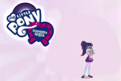 Size: 844x565 | Tagged: safe, edit, edited screencap, screencap, sci-twi, spike, spike the regular dog, twilight sparkle, dog, equestria girls, spoiler:eqg specials, clothes, glasses, logo, looking at you, mary janes, ponytail, shoes, skirt, socks