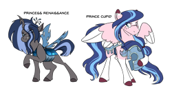 Size: 1600x883 | Tagged: safe, artist:torusthescribe, oc, oc only, oc:cupid, oc:renaissance, changeling, hybrid, pegasus, pony, armor, female, half-siblings, interspecies offspring, male, offspring, parent:queen chrysalis, parent:shining armor, parents:shining chrysalis, simple background, stallion, transparent background