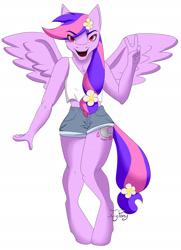 Size: 1587x2187 | Tagged: safe, artist:twigpony, oc, oc only, oc:moonlight blossom, anthro, pegasus, unguligrade anthro, anthro oc, clothes, looking at you, midriff, open mouth, peace sign, red eyes, shorts, solo, tanktop