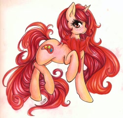 Size: 900x869 | Tagged: safe, artist:bunnywhiskerz, oc, oc only, oc:red palette, pony, unicorn, female, freckles, mare, raised hoof, solo, traditional art