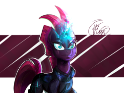 Size: 1024x768 | Tagged: safe, artist:artmarina-and-sketches, tempest shadow, pony, unicorn, my little pony: the movie, abstract background, armor, broken horn, eye scar, female, magic, mare, scar, solo, sparking horn