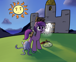 Size: 1660x1339 | Tagged: safe, artist:neuro, oc, oc only, cat, earth pony, ghost, octopus, pony, spider, adventuring party, castle, cyoa, female, mare, sign, slime monster, spider king, sun