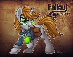 Size: 1024x791 | Tagged: safe, artist:sciggles, oc, oc only, oc:littlepip, pony, unicorn, fallout equestria, abstract background, clothes, cutie mark, fanfic, fanfic art, female, hooves, horn, mare, pipbuck, raised hoof, saddle bag, smiling, solo, teeth, text, vault suit