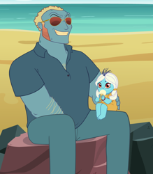 Size: 600x685 | Tagged: safe, artist:queencold, dragon lord torch, princess ember, human, equestria girls, beach, cute, duo, emberbetes, equestria girls-ified, father and child, father and daughter, female, food, ice cream, male, parent and child, rock, sunglasses, younger