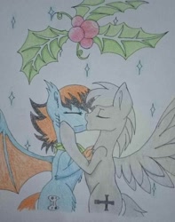 Size: 1586x2012 | Tagged: safe, oc, oc only, oc:blue pixel, oc:silverlining, bat pony, gay, holly, holly mistaken for mistletoe, kissing, male, talons, traditional art