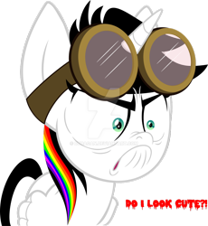 Size: 1024x1114 | Tagged: safe, artist:duragan, oc, oc only, oc:lightning bliss, alicorn, alicorn oc, angry, do i look angry, goggles, i'm not cute, rainbow hair, simple background, solo, transparent background, watermark