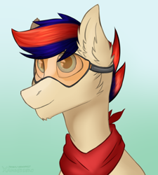 Size: 4500x5000 | Tagged: safe, artist:xanderserb, oc, oc only, oc:zephyr leaf, absurd resolution, bandana, bust, colt, goggles, male, portrait, smiling, solo