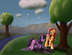 Size: 1024x785 | Tagged: safe, artist:shaliwolf, fluttershy, twilight sparkle, twilight sparkle (alicorn), alicorn, pegasus, pony, river, scenery, shocked, tree