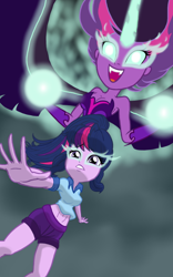 Size: 1200x1920 | Tagged: safe, artist:theroyalprincesses, midnight sparkle, sci-twi, twilight sparkle, equestria girls, legend of everfree, belly button, clothes, fangs, midriff, open mouth, possession, self paradox, shorts, solo