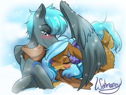 Size: 2434x1843 | Tagged: safe, artist:wishmarey, oc, oc only, oc:alternate, oc:leonera, clothes, couple, cuddling, hug, prone, scarf, snow, wing shelter, winghug