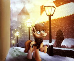 Size: 1200x1000 | Tagged: safe, artist:misiekpl, oc, oc only, pony, unicorn, building, city, clothes, commission, lamppost, male, scarf, scenery, snow, snowfall, solo