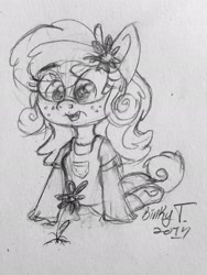 Size: 1667x2221 | Tagged: safe, artist:binkyt11, derpibooru exclusive, oc, oc only, oc:daphne, anthro, pegasus, chibi, female, flower, flower in hair, freckles, headband, monochrome, overalls, solo, traditional art, underhoof