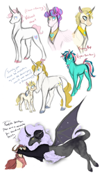 Size: 3240x5400 | Tagged: safe, artist:xenalollie, prince blueblood, princess flurry heart, oc, oc:anomaly, oc:sahara sunrise, oc:valiant heart, hybrid, zony, absurd resolution, interspecies offspring, offspring, parent:discord, parent:fancypants, parent:fleur-de-lis, parent:fluttershy, parent:nightmare moon, parent:prince blueblood, parent:zecora, parents:bluecora, parents:discoshy, parents:fancyfleur, parents:nightmarecord, simple background, size difference, white background