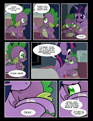 Size: 1275x1650 | Tagged: safe, artist:dsana, spike, twilight sparkle, dragon, pony, comic:to look after, bed, comic, hospital, hospital bed, hug, mama twilight, sad, spikelove