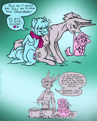 Size: 971x1200 | Tagged: safe, artist:kaemantis, liza doolots, petunia, photo finish, tootsie flute, zesty gourmand, anthro, earth pony, mule, muleicorn, pony, anthro with ponies, apron, bowl, clothes, dialogue, eyes closed, female, filly, gradient background, heart, lesbian, limited palette, lyrabontoots family, magical lesbian spawn, mouth hold, offspring, parent:bon bon, parent:lyra heartstrings, parents:lyrabon, shipping, sitting, smiling, whisk, zestyfinish