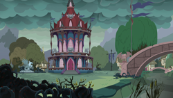 Size: 1920x1080 | Tagged: safe, screencap, gargoyle, griffon, secrets and pies, background, bridge, cattails, dream sequence, evil ponyville, imagine spot, nightmare, no pony, ponyville, ponyville town hall, statue, thorns, town hall, tree, vine