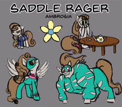 Size: 6336x5546 | Tagged: safe, artist:torusthescribe, idw, saddle rager, pegasus, pony, absurd resolution, clothes, female, filly, food, mare, power ponies, reference sheet, simple background, table, tea