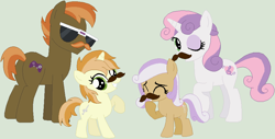 Size: 917x466 | Tagged: safe, artist:lost-our-dreams, button mash, sweetie belle, oc, oc:trim style, oc:zelda melody, pony, facial hair, fake moustache, female, filly, male, moustache, offspring, older, one eye closed, parent:button mash, parent:sweetie belle, parents:sweetiemash, shipping, simple background, straight, sunglasses, sweetiemash, wink
