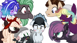 Size: 804x452 | Tagged: safe, artist:angei-bites, oc, oc only, oc:jitterbug, oc:nightshade, oc:rain cloud, bat pony, dragon, pegasus, pony, unicorn, base used, blind, chest fluff, curved horn, female, floppy ears, fluffy, freckles, frown, male, mare, open mouth, scar, shocked, simple background, stallion, transparent background, wide eyes