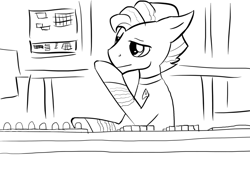 Size: 1280x886 | Tagged: safe, artist:fluor1te, grand pear, pony, the perfect pear, james t kirk, monochrome, solo, star trek, voice actor joke, young grand pear, younger
